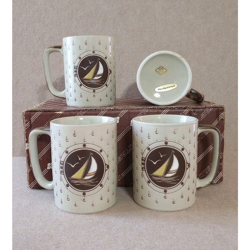 OTAGIRI Vtg SAILBOAT Mug Set Of 4 Hand painted Stoneware In Box Stickers 70s 80s